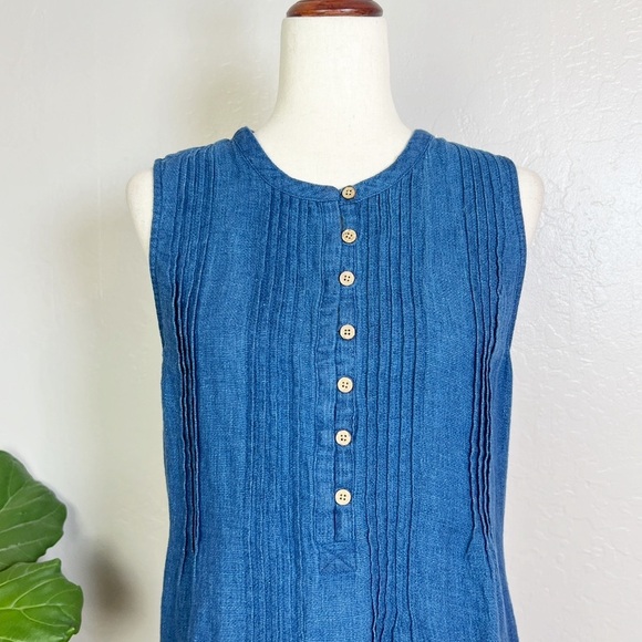 FAHERTY Women’s Size L Blue Linen Isha Sleeveless Pintuck Button-Bodice Dress - Picture 4 of 12